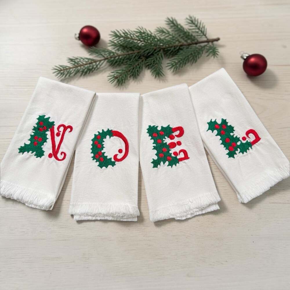 NOEL Vintage Cotton Christmas Embroidered Fingertip/Hand Towels